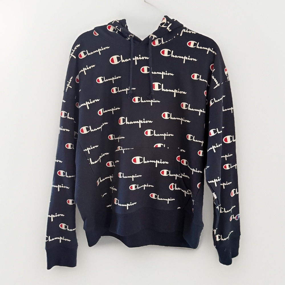Champion Reverse Weave Women's Hoodie XL Navy Blue All Over Print Script